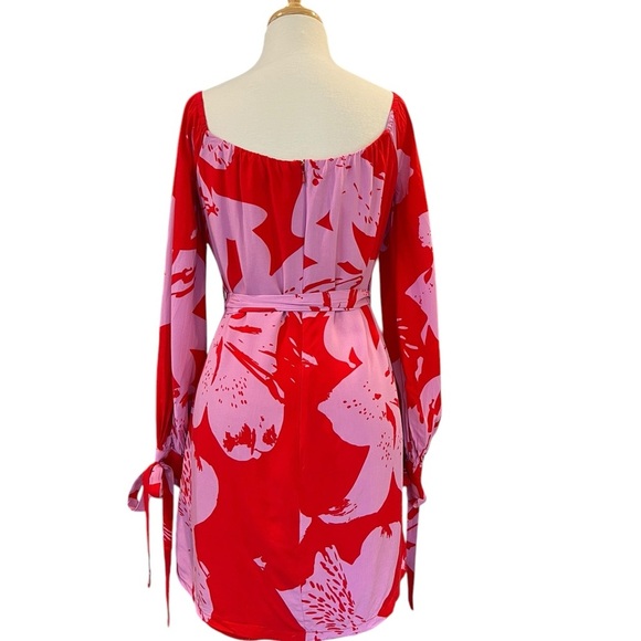 Bardot Dariela Star Lily Red Pink Long Sleeve Off Shoulder Mini Dress Size 10 - Picture 7 of 13